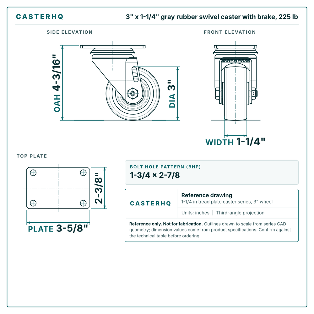 3 x 1-1/4 in gray rubber swivel caster with brake reference drawing, side, front and top plate views with dimensions