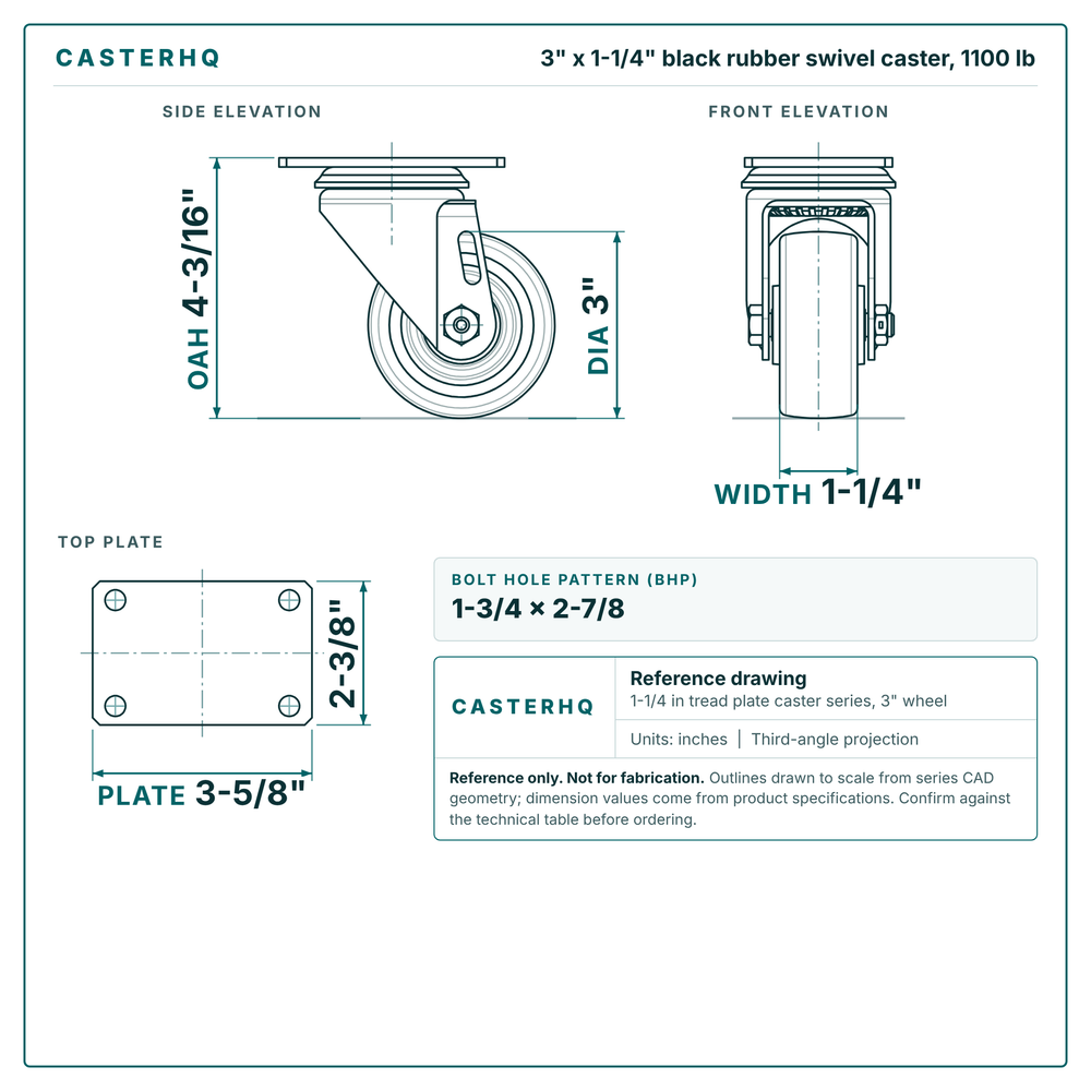 3 x 1-1/4 in black rubber swivel caster reference drawing, side, front and top plate views with dimensions