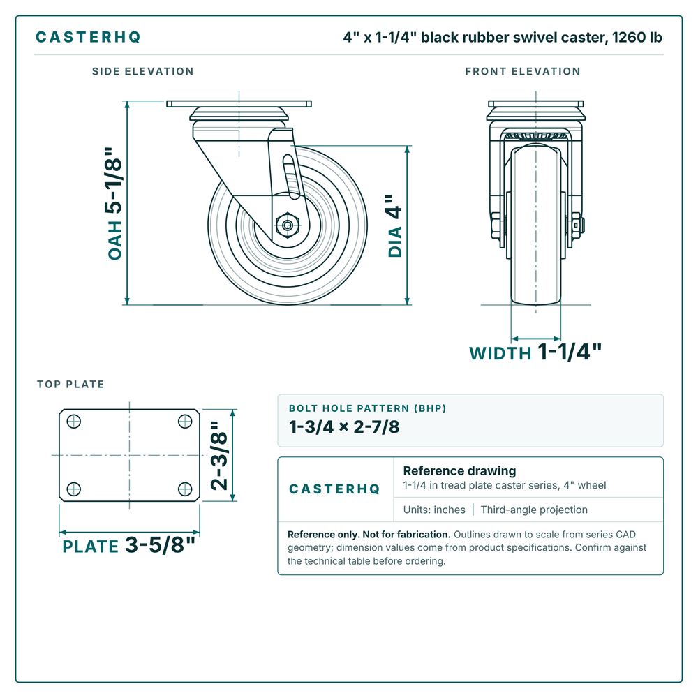 4 x 1-1/4 in black rubber swivel caster reference drawing, side, front and top plate views with dimensions