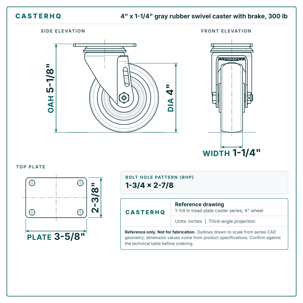 4 x 1-1/4 in gray rubber swivel caster with brake reference drawing, side, front and top plate views with dimensions