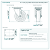 4 x 1-1/4 in gray rubber swivel caster with brake reference drawing, side, front and top plate views with dimensions