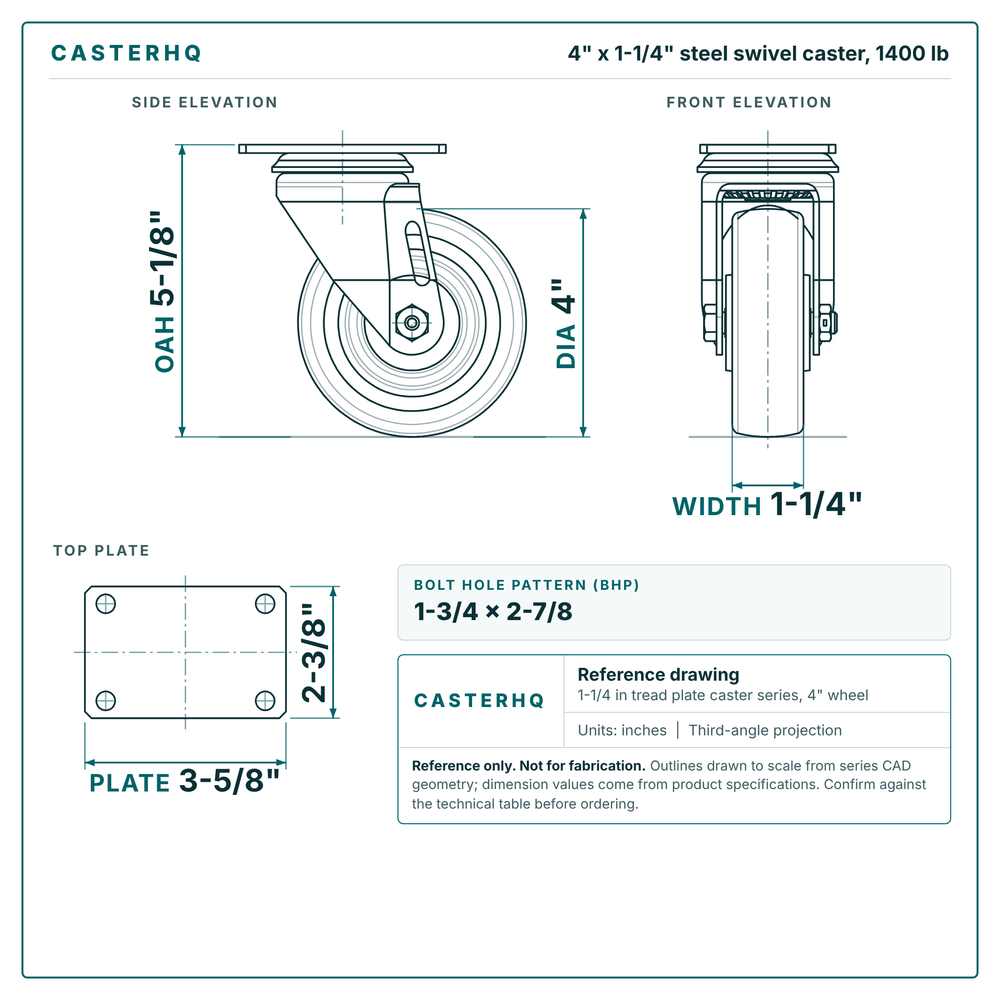 4 x 1-1/4 in steel swivel caster reference drawing, side, front and top plate views with dimensions
