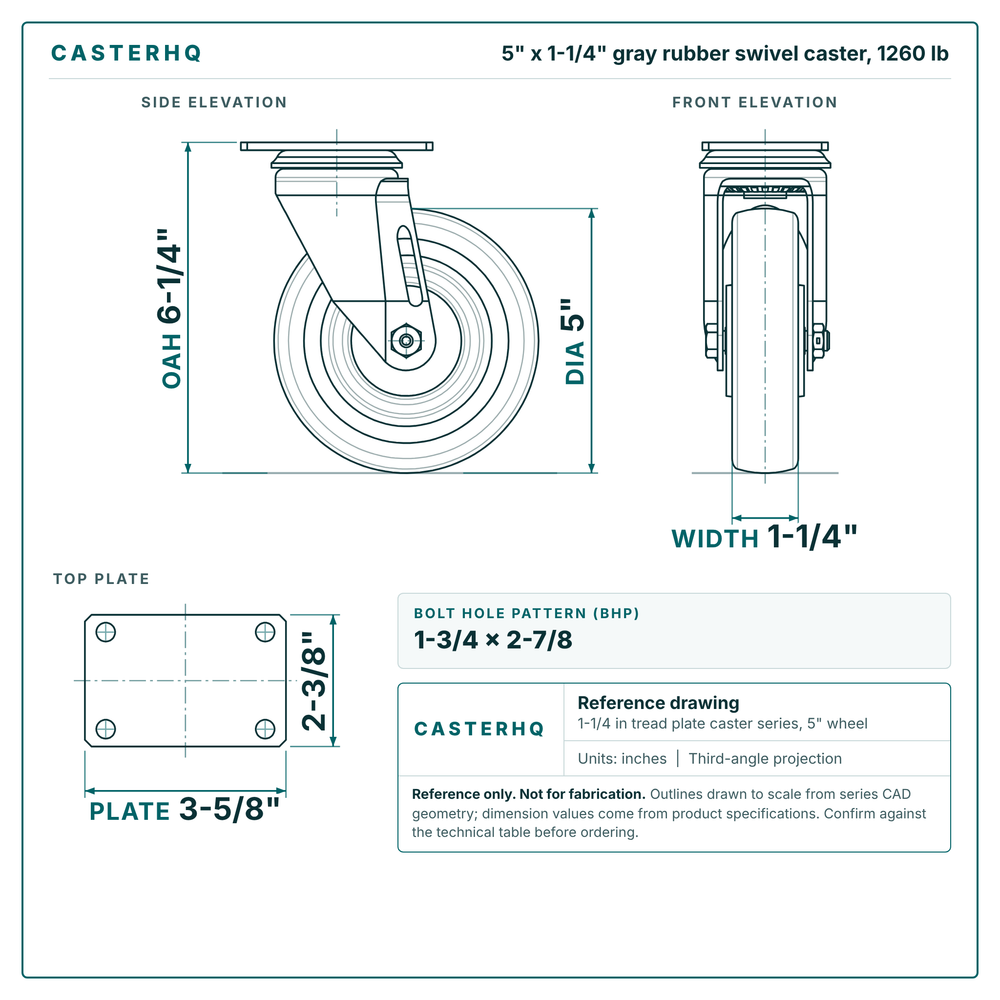 5 x 1-1/4 in gray rubber swivel caster reference drawing, side, front and top plate views with dimensions