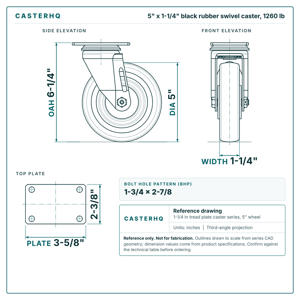 5 x 1-1/4 in black rubber swivel caster reference drawing, side, front and top plate views with dimensions