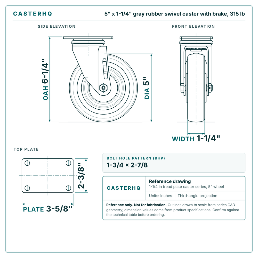 5 x 1-1/4 in gray rubber swivel caster with brake reference drawing, side, front and top plate views with dimensions
