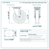 5 x 1-1/4 in gray rubber swivel caster with brake reference drawing, side, front and top plate views with dimensions