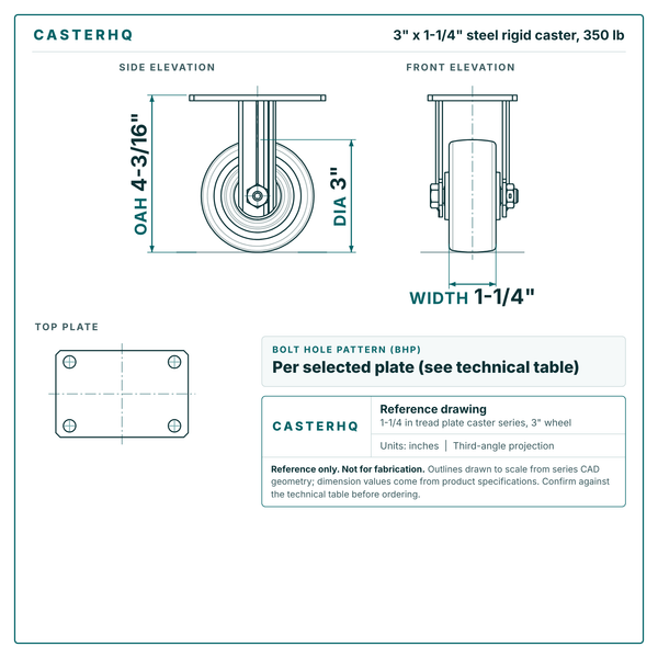 3 x 1-1/4 in steel rigid caster reference drawing, side, front and top plate views with dimensions