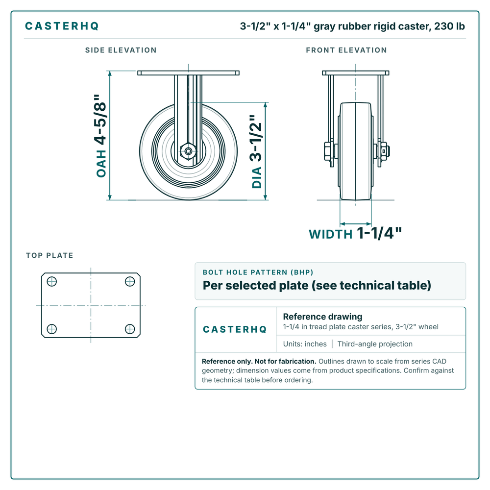 3-1/2 x 1-1/4 in gray rubber rigid caster reference drawing, side, front and top plate views with dimensions
