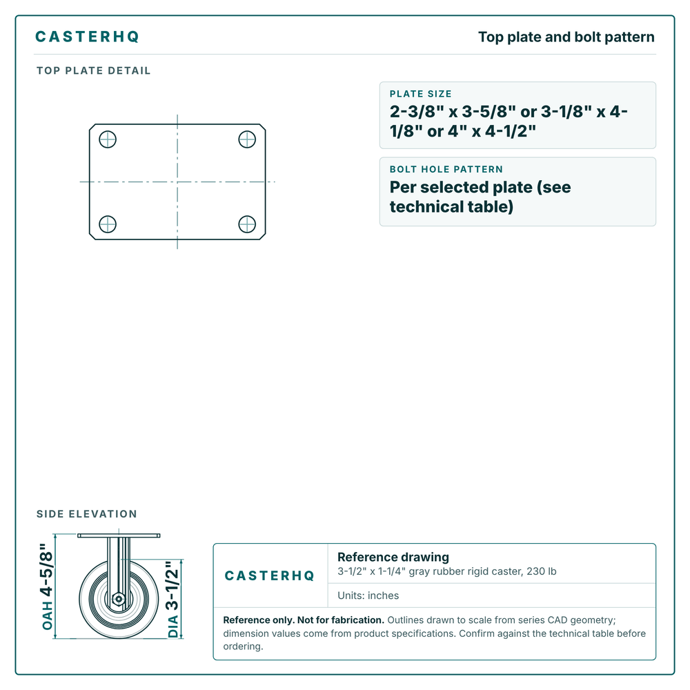 Top plate bolt pattern drawing, 2-3/8 x 3-5/8 or 3-1/8 x 4-1/8 or 4 x 4-1/2 plate