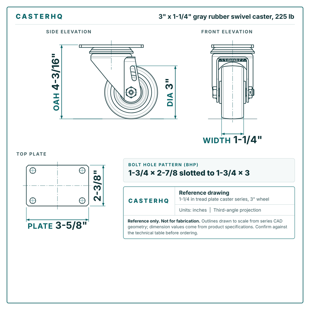 3 x 1-1/4 in gray rubber swivel caster reference drawing, side, front and top plate views with dimensions