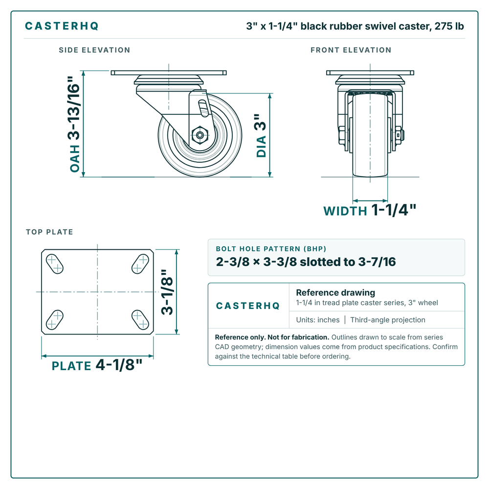 3 x 1-1/4 in black rubber swivel caster reference drawing, side, front and top plate views with dimensions