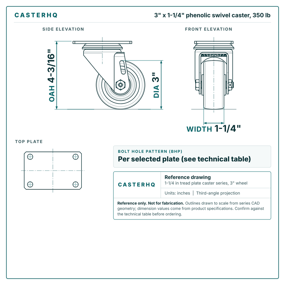 3 x 1-1/4 in phenolic swivel caster reference drawing, side, front and top plate views with dimensions