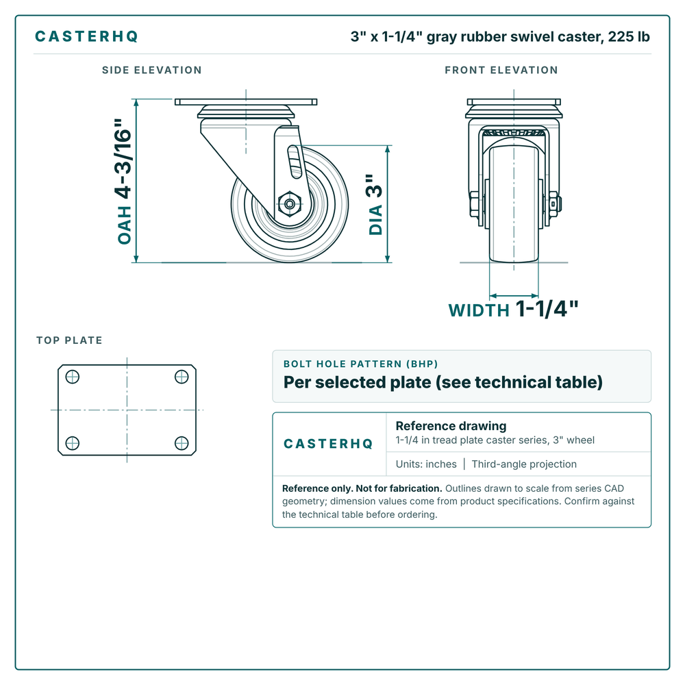 3 x 1-1/4 in gray rubber swivel caster reference drawing, side, front and top plate views with dimensions