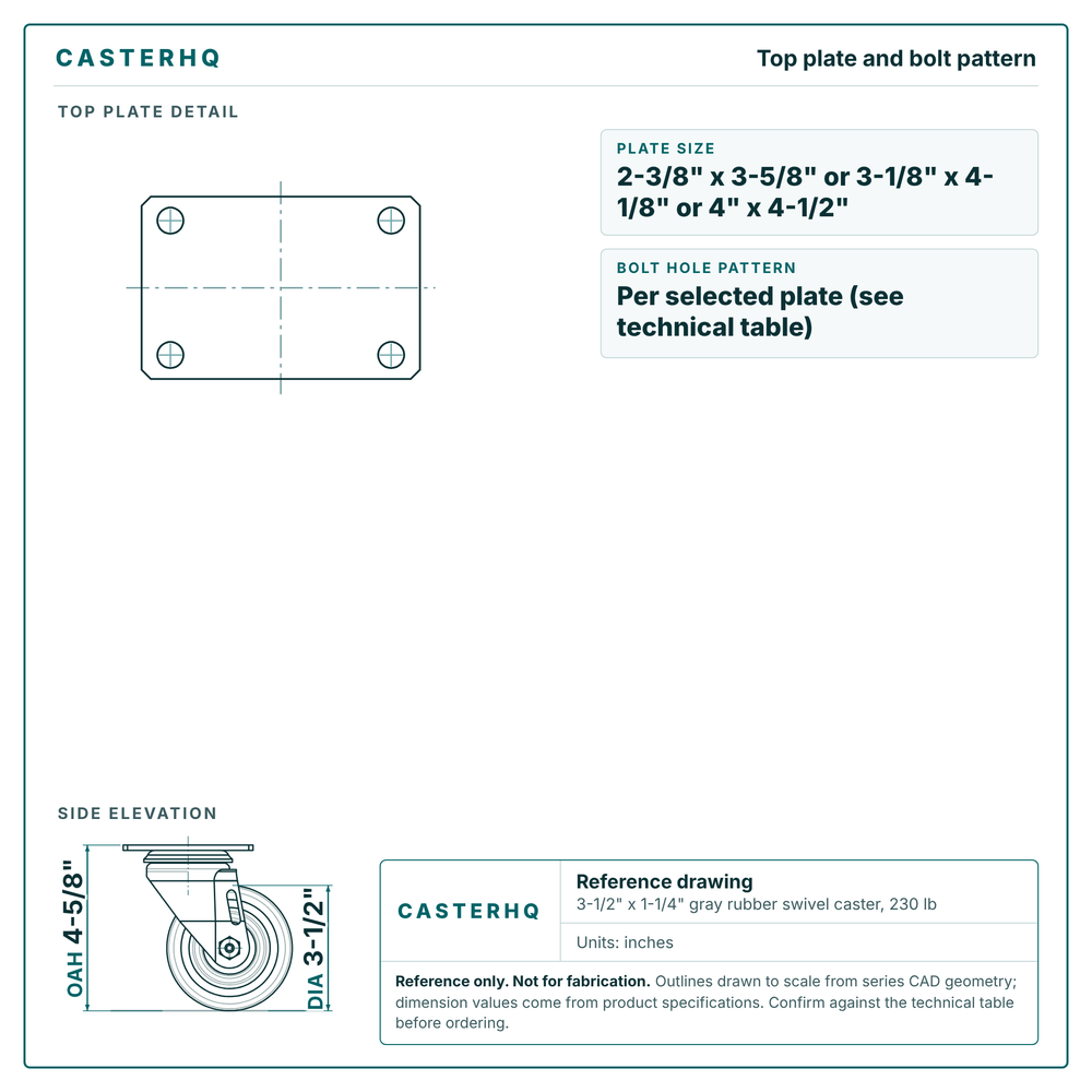 Top plate bolt pattern drawing, 2-3/8 x 3-5/8 or 3-1/8 x 4-1/8 or 4 x 4-1/2 plate