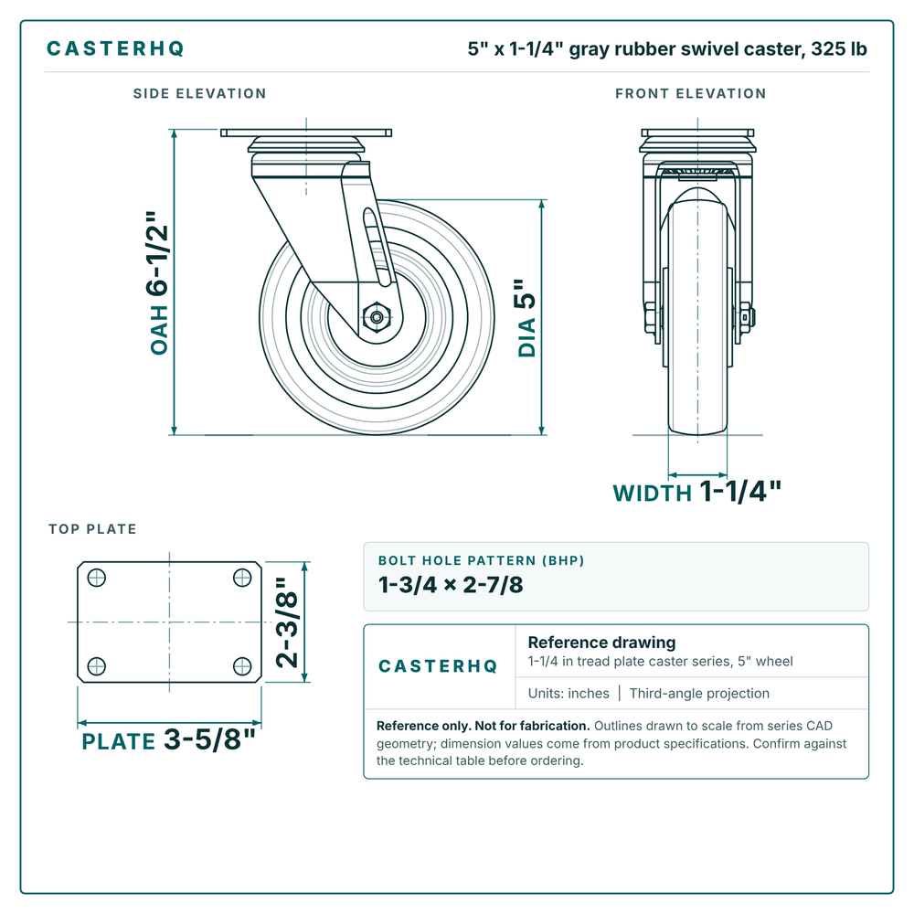 5 x 1-1/4 in gray rubber swivel caster reference drawing, side, front and top plate views with dimensions