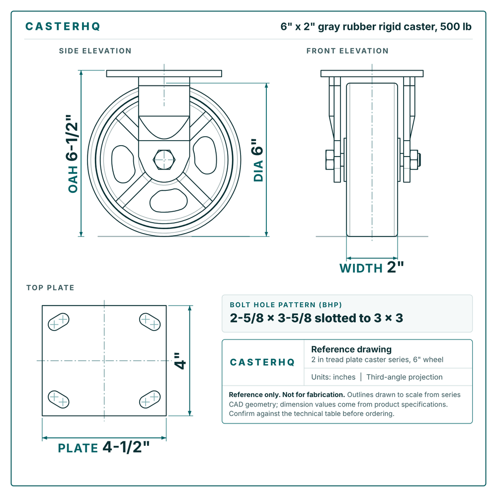 6 x 2 in gray rubber rigid caster reference drawing, side, front and top plate views with dimensions