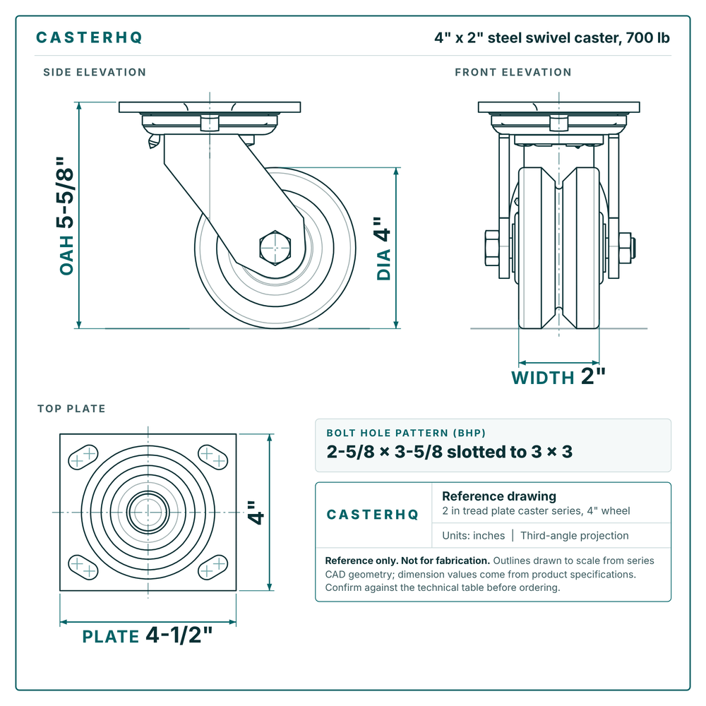 4 x 2 in steel swivel caster reference drawing, side, front and top plate views with dimensions