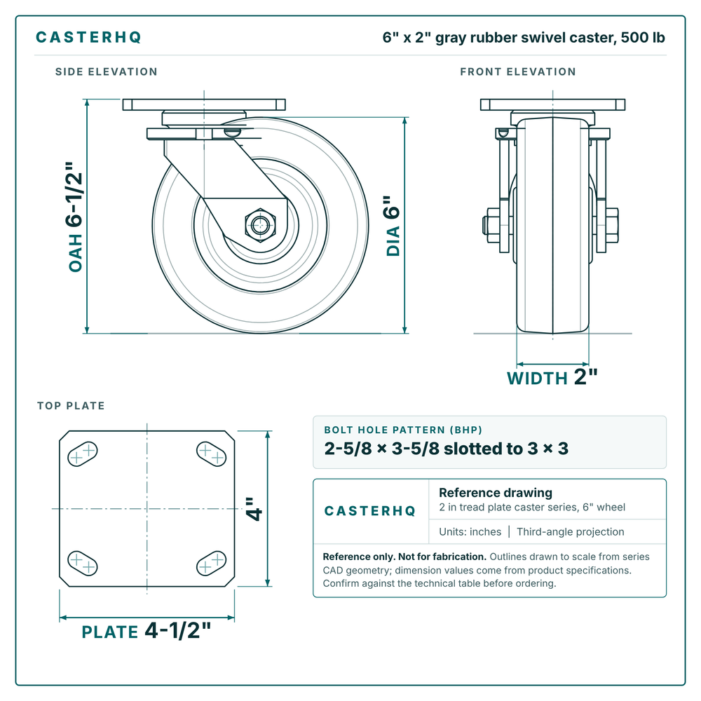 6 x 2 in gray rubber swivel caster reference drawing, side, front and top plate views with dimensions