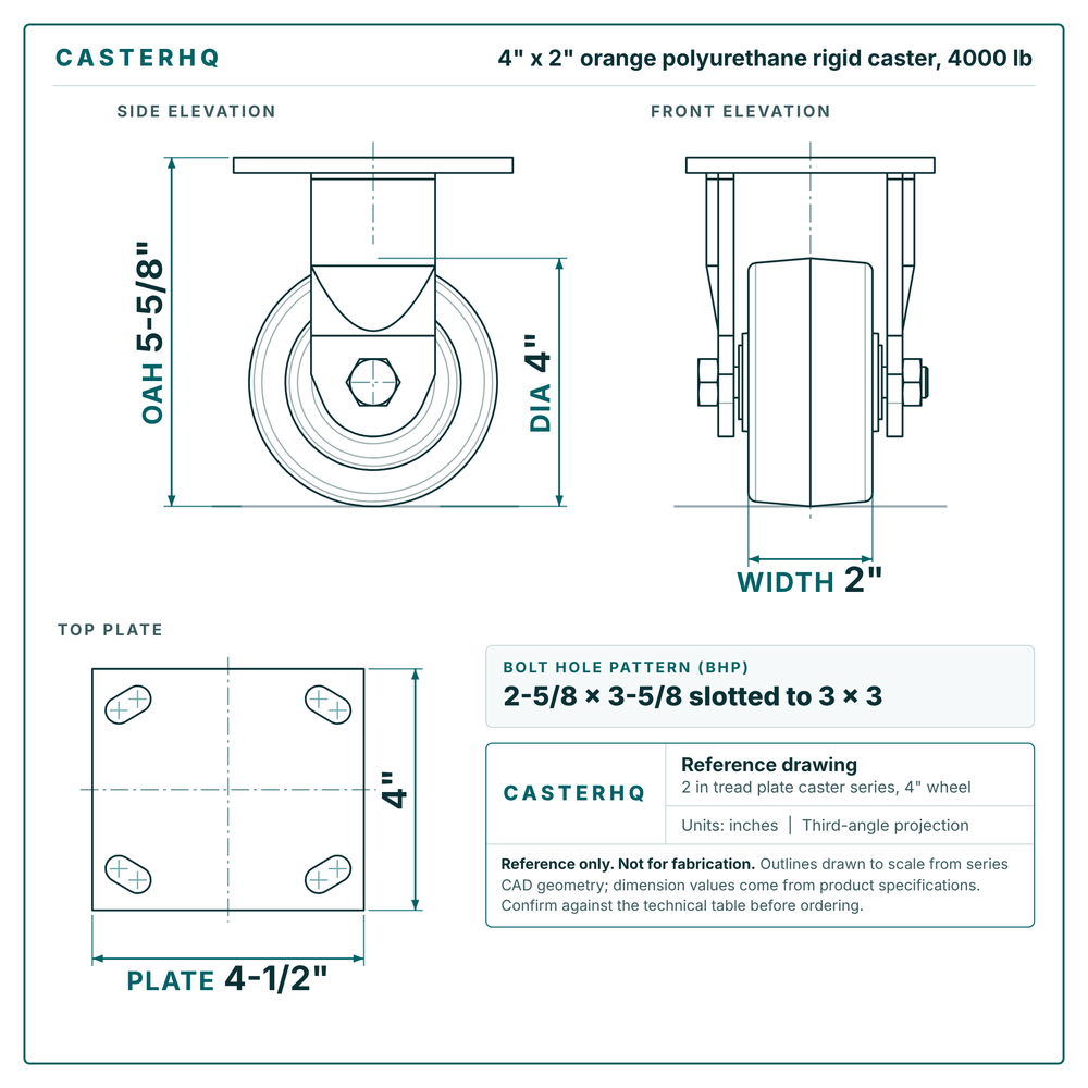 4 x 2 in orange polyurethane rigid caster reference drawing, side, front and top plate views with dimensions