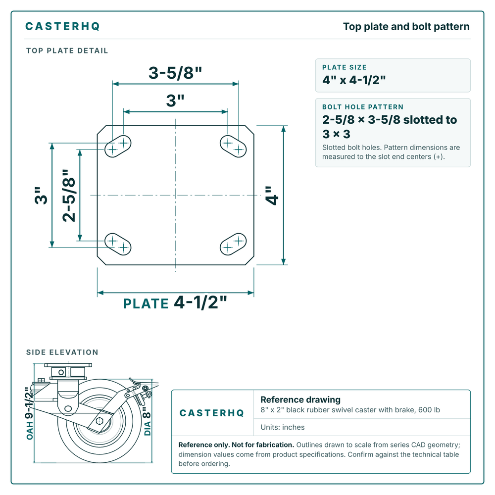 Top plate bolt pattern drawing, 4 x 4-1/2 plate, slotted bolt holes