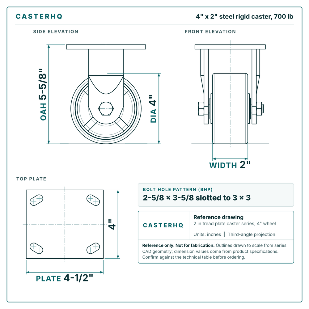 4 x 2 in steel rigid caster reference drawing, side, front and top plate views with dimensions