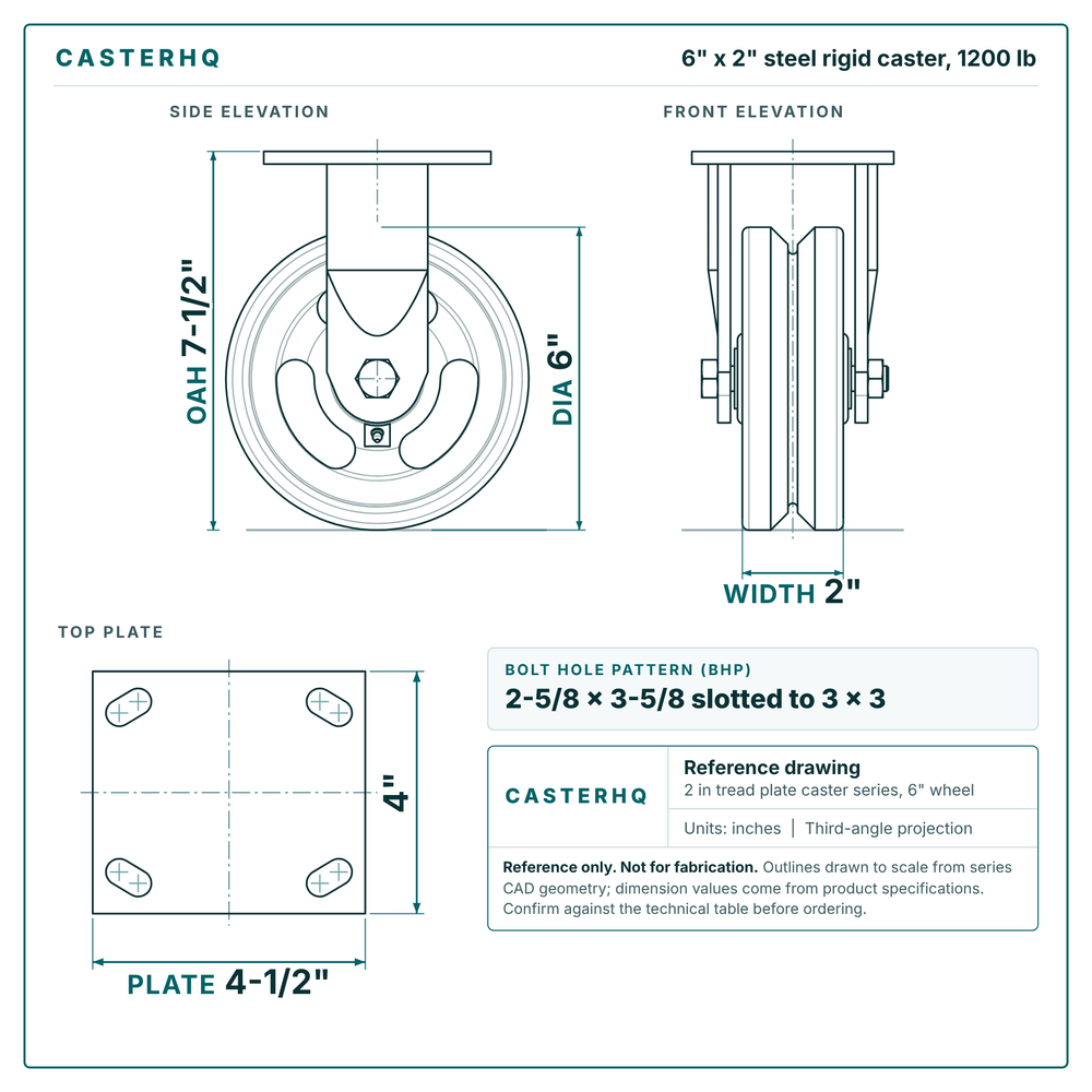 6 x 2 in steel rigid caster reference drawing, side, front and top plate views with dimensions