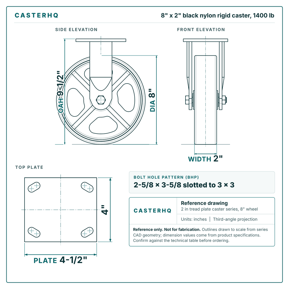 8 x 2 in black nylon rigid caster reference drawing, side, front and top plate views with dimensions