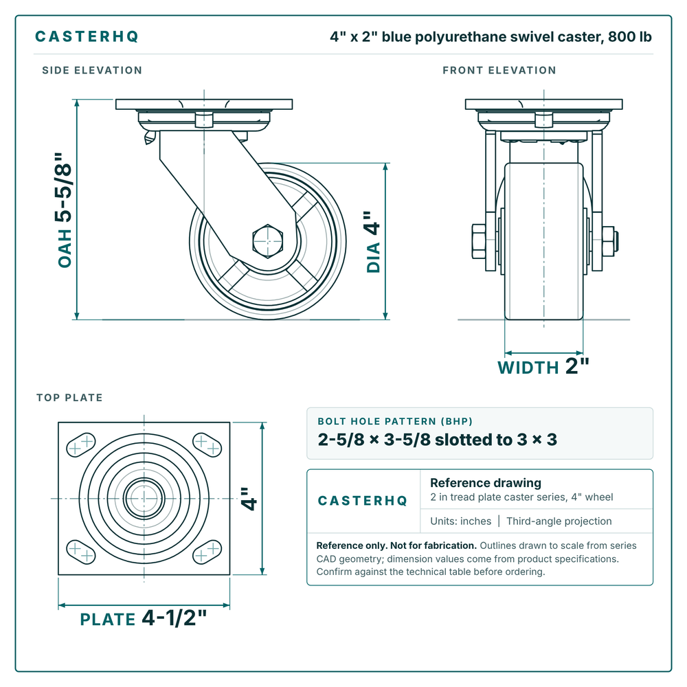 4 x 2 in blue polyurethane swivel caster reference drawing, side, front and top plate views with dimensions