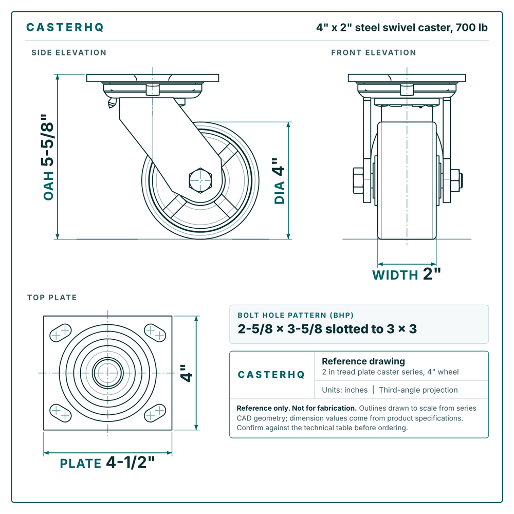 4 x 2 in steel swivel caster reference drawing, side, front and top plate views with dimensions