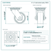 4 x 2 in steel swivel caster reference drawing, side, front and top plate views with dimensions
