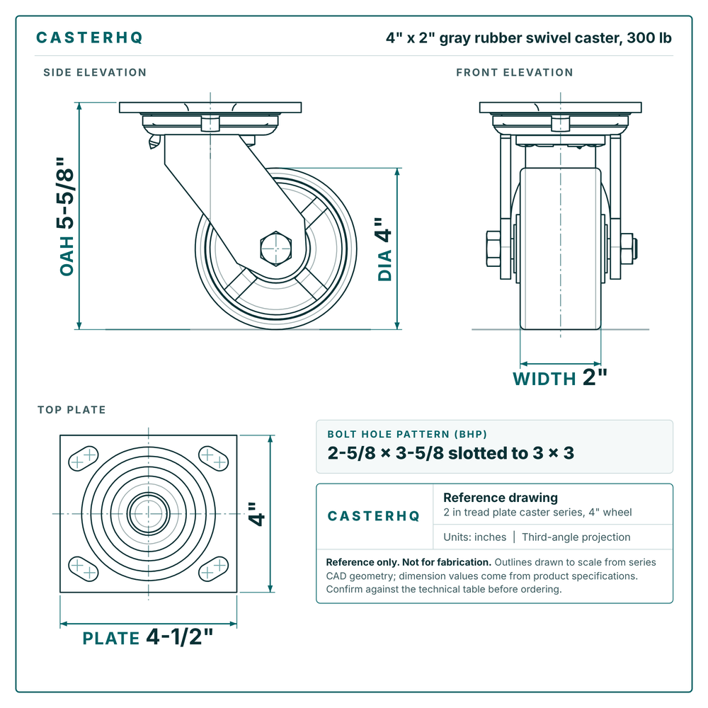 4 x 2 in gray rubber swivel caster reference drawing, side, front and top plate views with dimensions