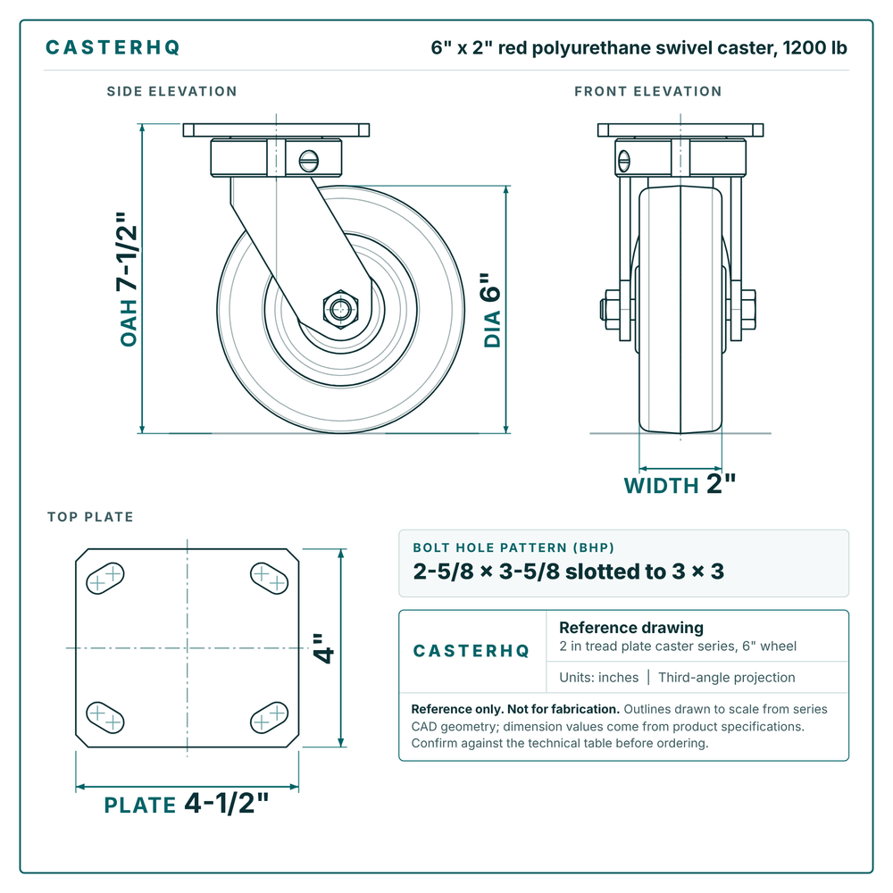 6 x 2 in red polyurethane swivel caster reference drawing, side, front and top plate views with dimensions
