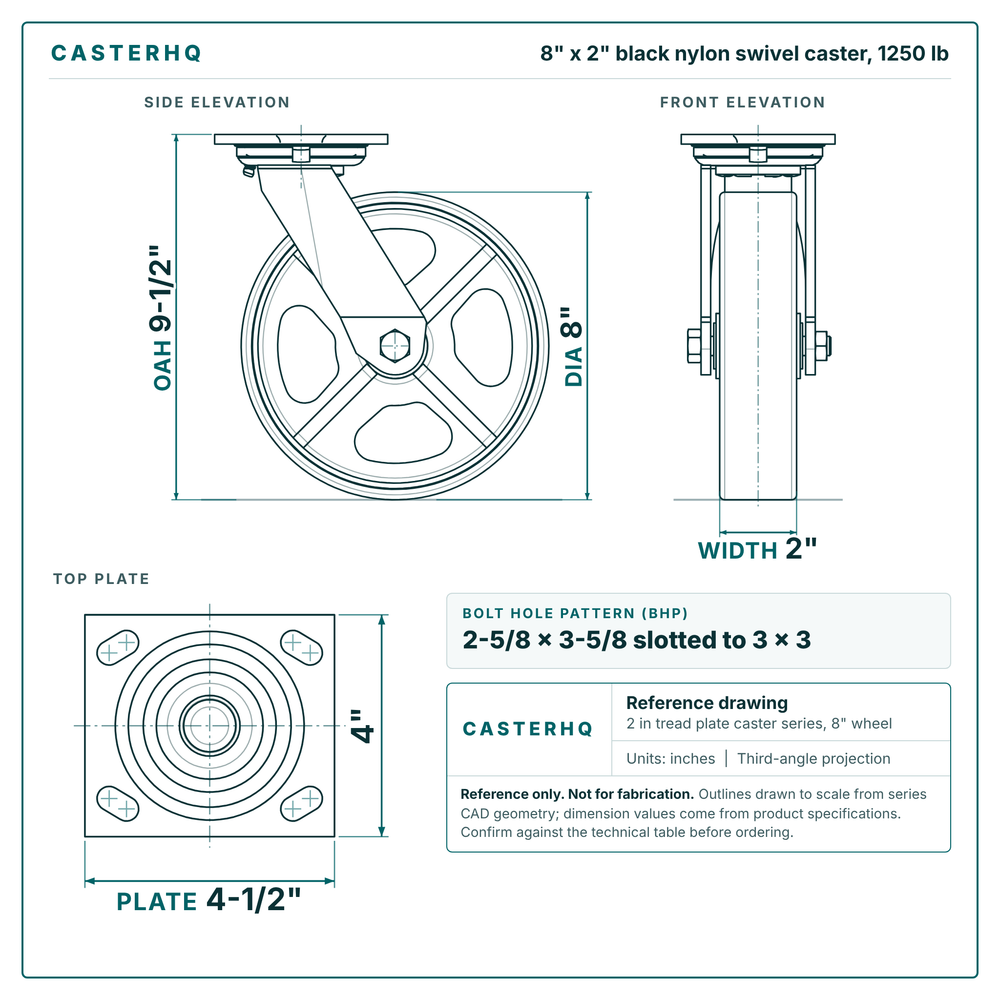 8 x 2 in black nylon swivel caster reference drawing, side, front and top plate views with dimensions