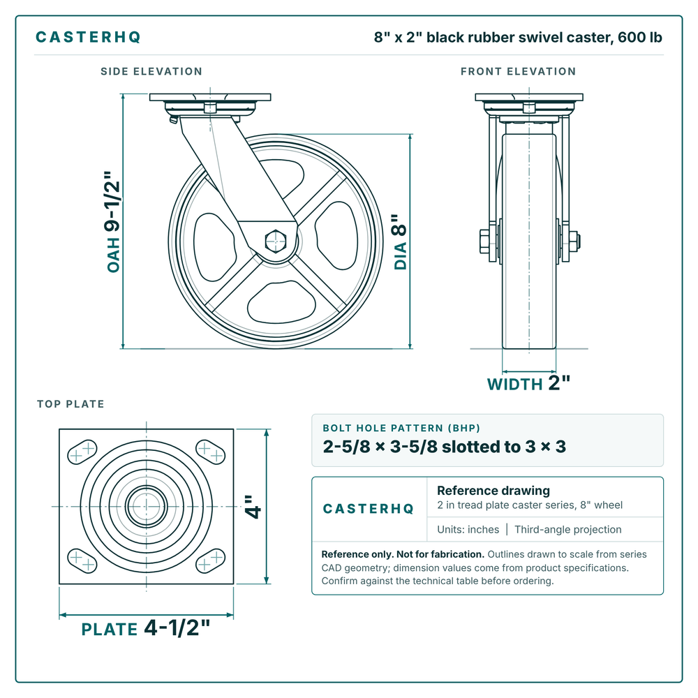 8 x 2 in black rubber swivel caster reference drawing, side, front and top plate views with dimensions