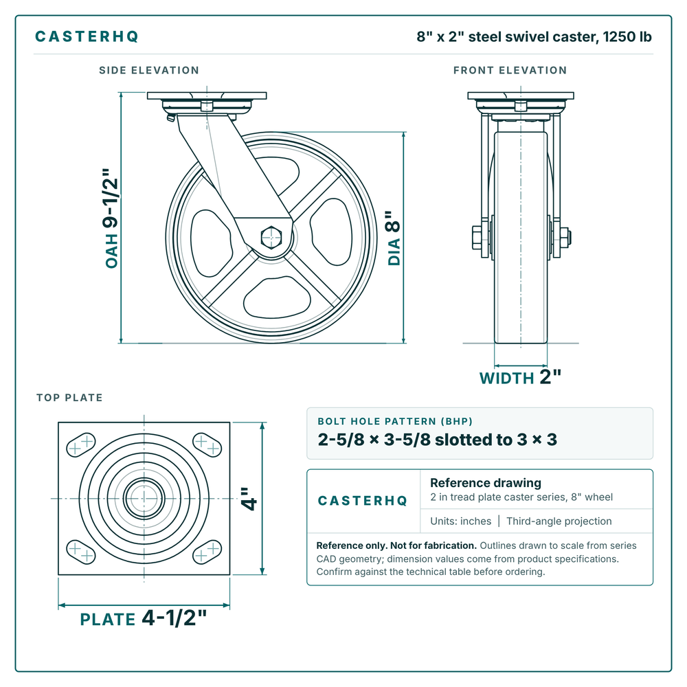 8 x 2 in steel swivel caster reference drawing, side, front and top plate views with dimensions