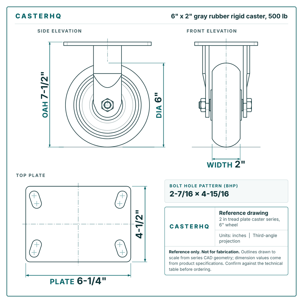 6 x 2 in gray rubber rigid caster reference drawing, side, front and top plate views with dimensions