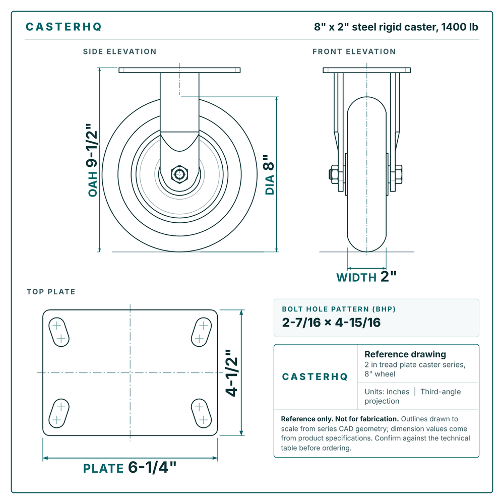 8 x 2 in steel rigid caster reference drawing, side, front and top plate views with dimensions