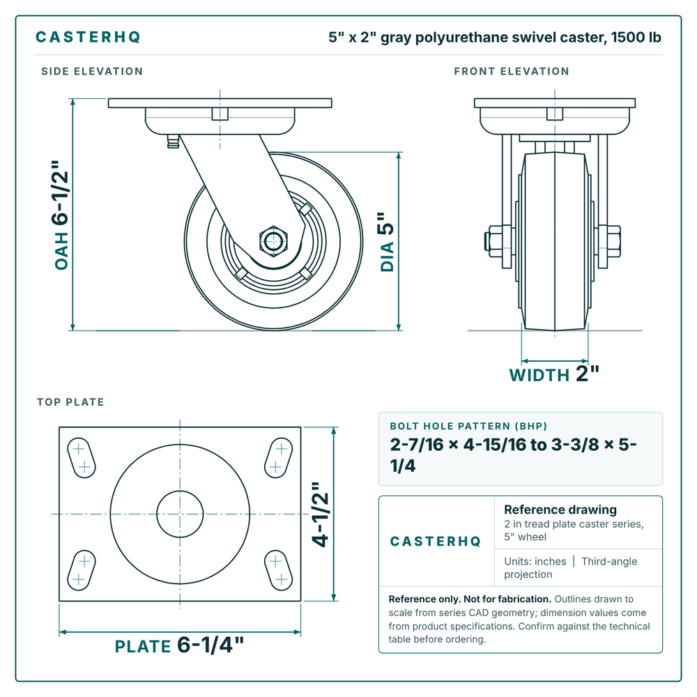 5 x 2 in gray polyurethane swivel caster reference drawing, side, front and top plate views with dimensions