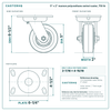 5 x 2 in maroon polyurethane swivel caster reference drawing, side, front and top plate views with dimensions