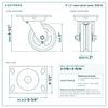 5 x 2 in steel swivel caster reference drawing, side, front and top plate views with dimensions