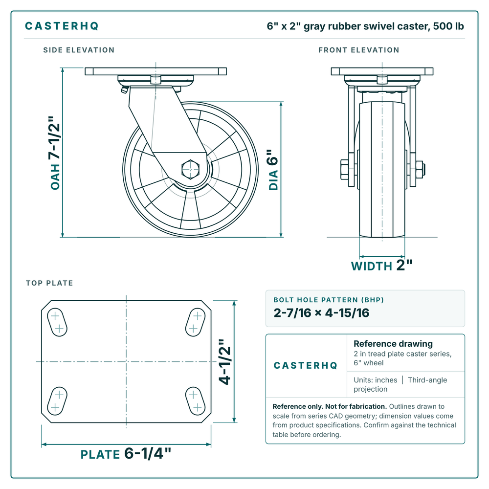 6 x 2 in gray rubber swivel caster reference drawing, side, front and top plate views with dimensions