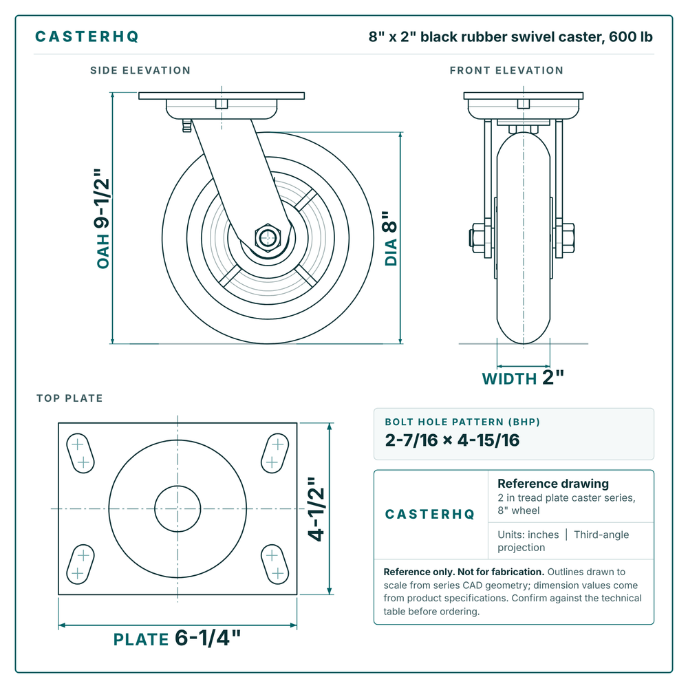 8 x 2 in black rubber swivel caster reference drawing, side, front and top plate views with dimensions