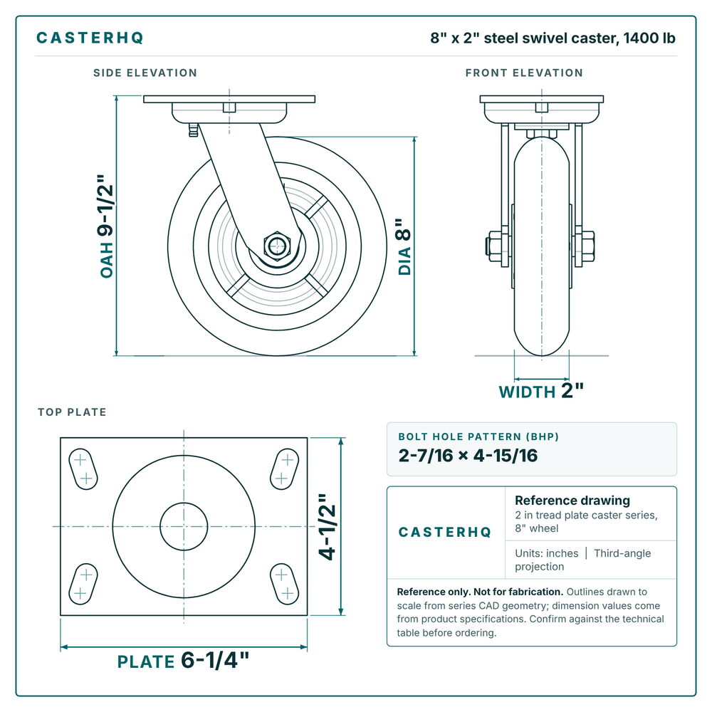 8 x 2 in steel swivel caster reference drawing, side, front and top plate views with dimensions