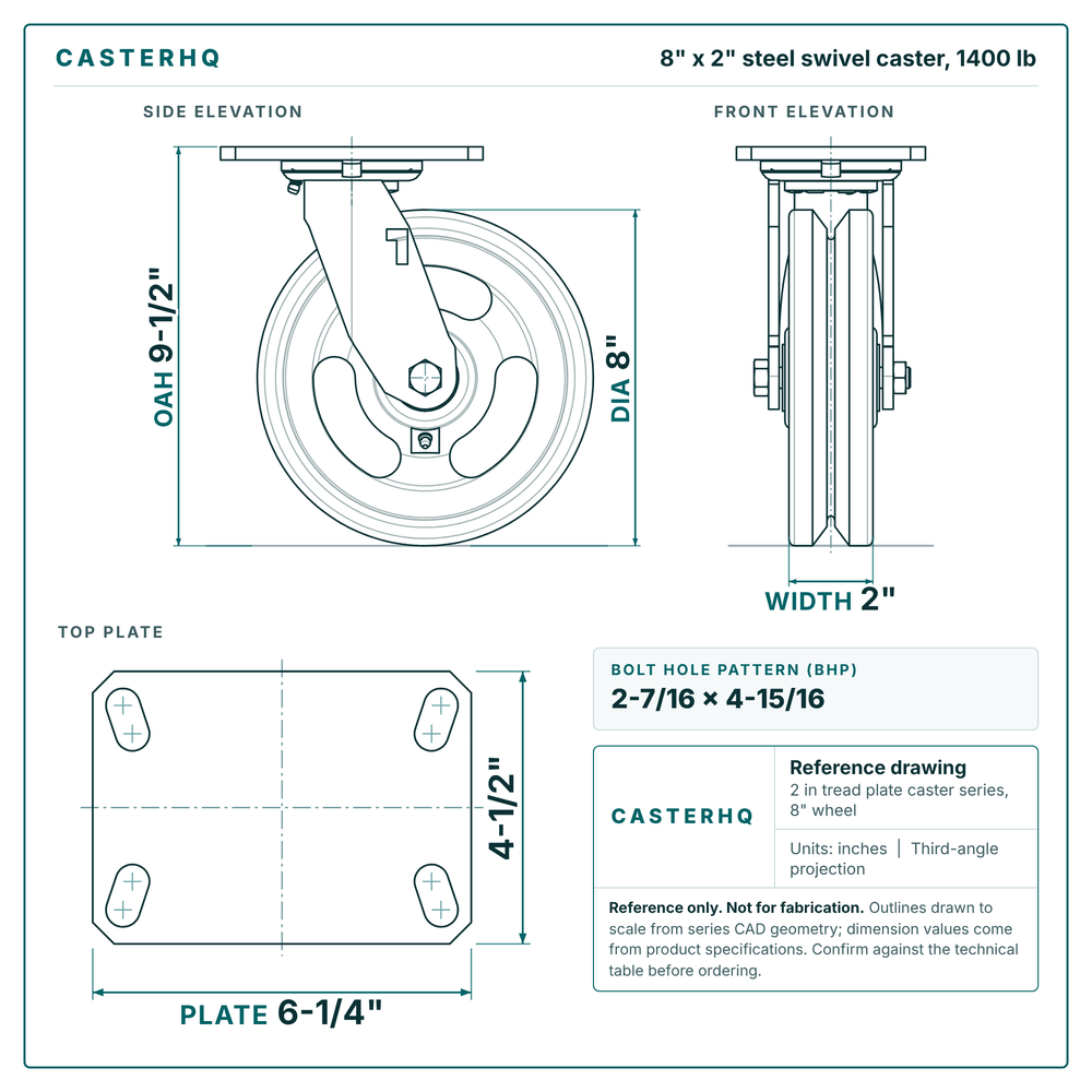 8 x 2 in steel swivel caster reference drawing, side, front and top plate views with dimensions