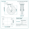 8 x 2 in steel swivel caster reference drawing, side, front and top plate views with dimensions