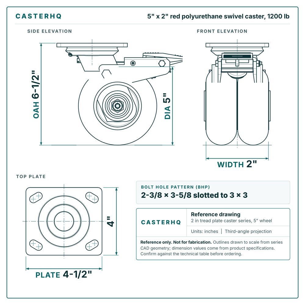 5 x 2 in red polyurethane swivel caster reference drawing, side, front and top plate views with dimensions
