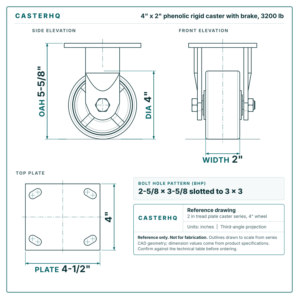 4 x 2 in phenolic rigid caster with brake reference drawing, side, front and top plate views with dimensions
