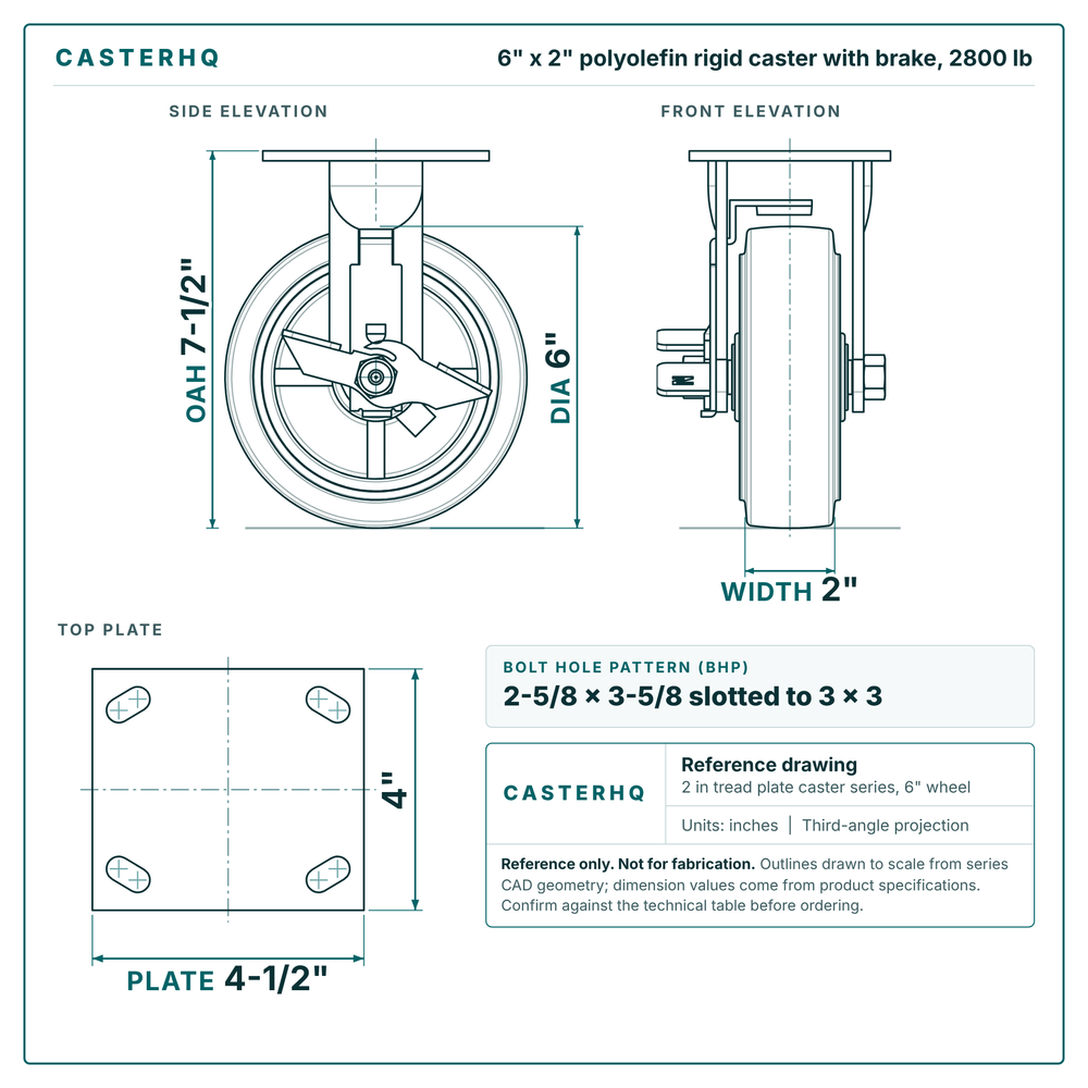 6 x 2 in polyolefin rigid caster with brake reference drawing, side, front and top plate views with dimensions