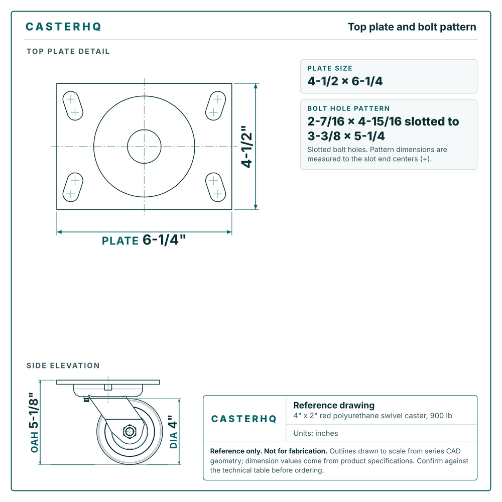 Top plate bolt pattern drawing, 4-1/2 x 6-1/4 plate, slotted bolt holes