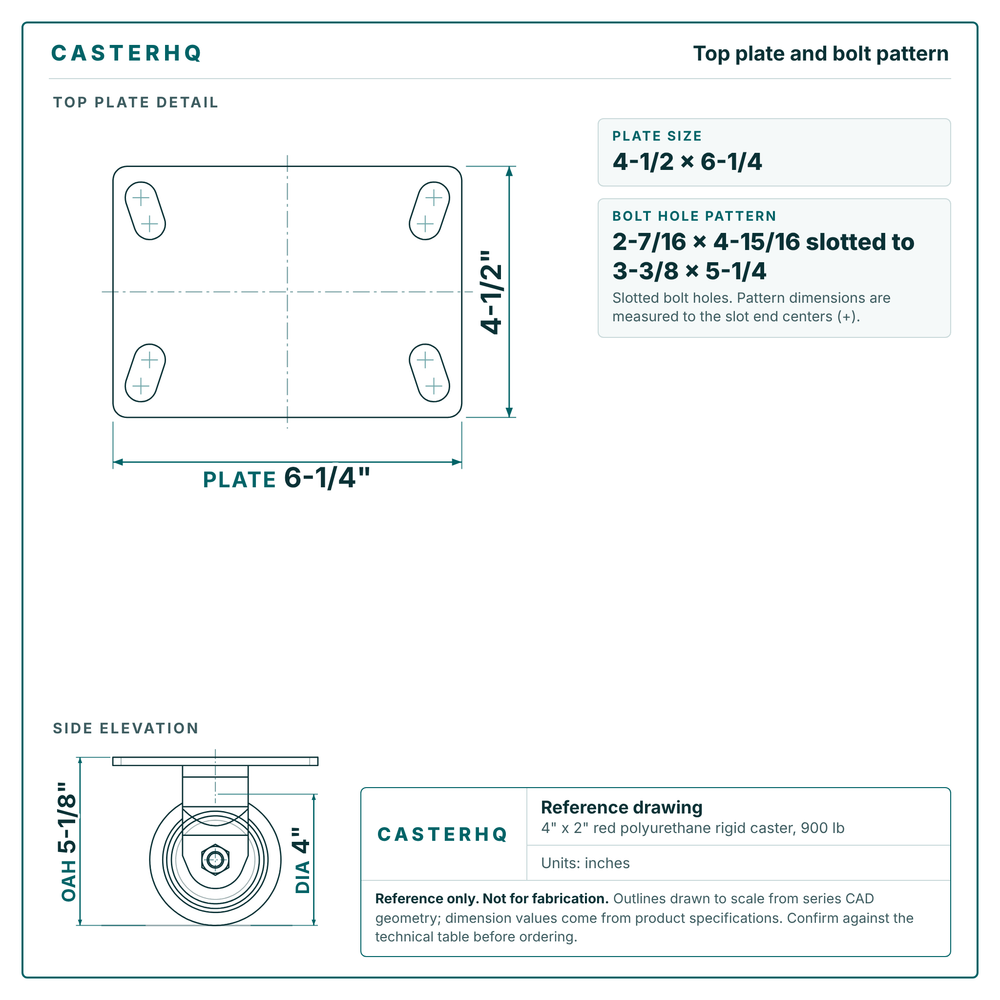 Top plate bolt pattern drawing, 4-1/2 x 6-1/4 plate, slotted bolt holes